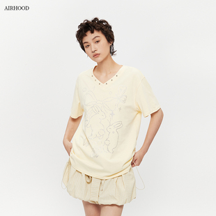 T恤慵懒风宽松纯棉上衣女 AIRHOOD 夏季 抽绳收褶皱半袖 烫钻V领短袖