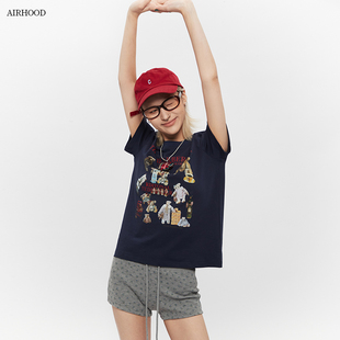 圆领短袖 AIRHOOD 卡通印花修身 夏季 女T恤小熊正肩上衣ins 2025新款