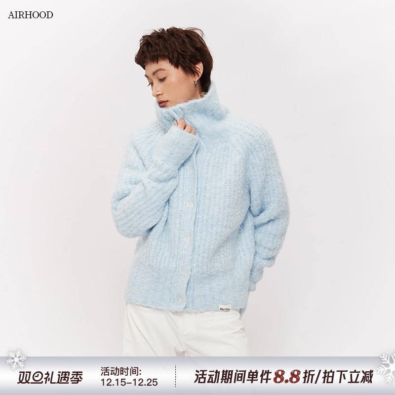 AIRHOOD 秋冬季高级感长袖针织衫高领开衫短款外穿保暖毛衣外套女