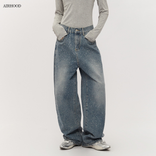 高街情侣裤 AIRHOOD 女宽松直筒阔腿裤 复古带烫钻牛仔裤 子 秋冬美式