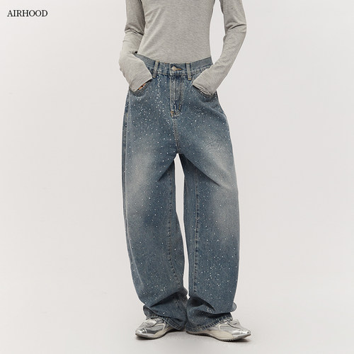 AIRHOOD 秋冬美式复古带烫钻牛仔裤女宽松直筒阔腿裤高街情侣裤子
