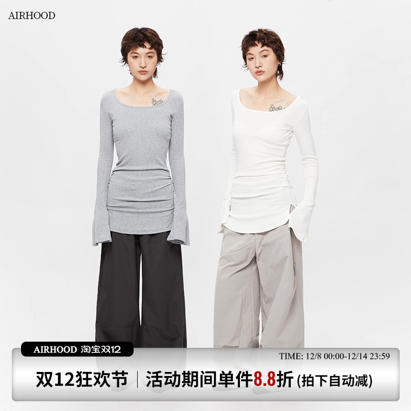 AIRHOOD秋冬2025新款方领收腰显瘦包臀长袖T恤女修身内搭打底上衣