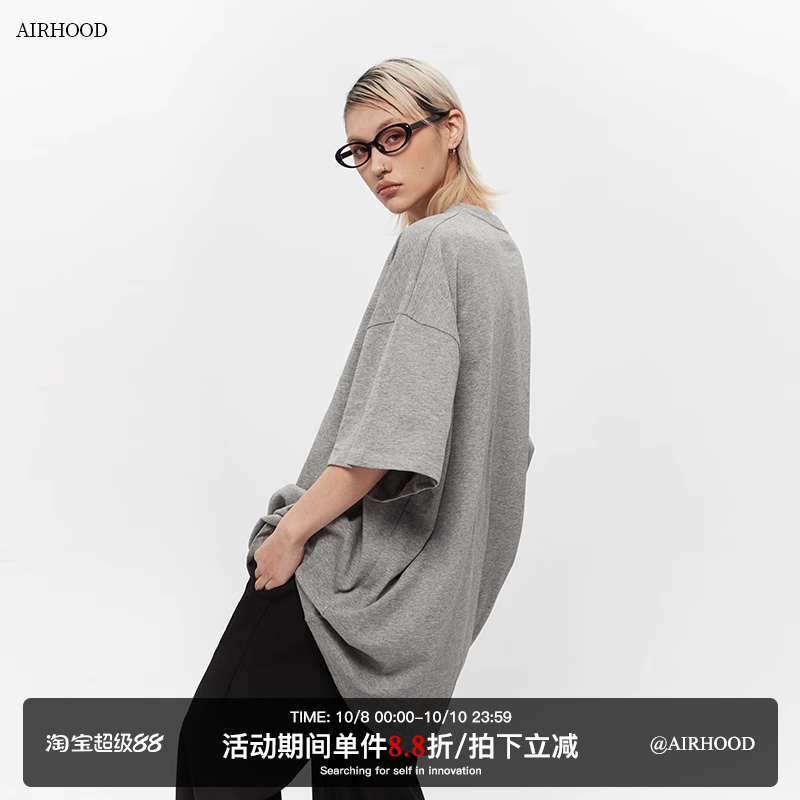 AIRHOOD美式中长款纯棉oversize休闲短袖T恤女大版宽松半袖上衣夏