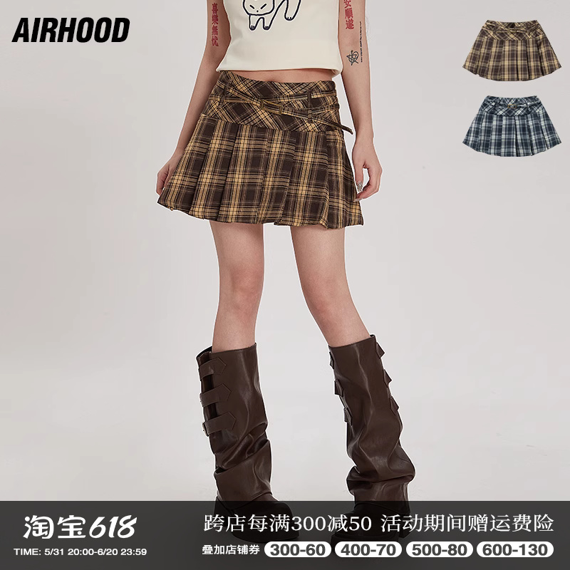 AIRHOOD辣妹JK格子百褶裙女2024夏款高腰A字群设计纯欲风半身群