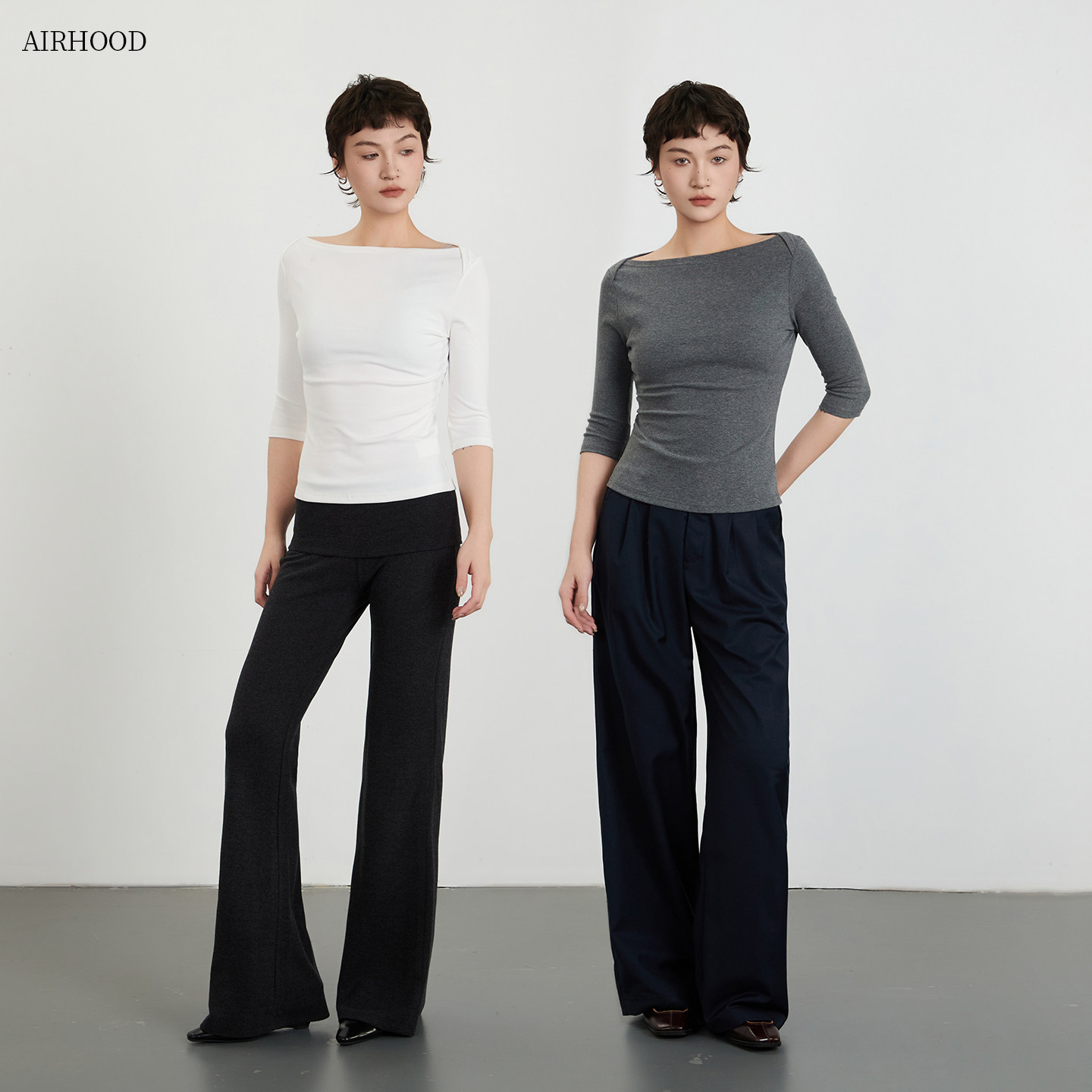 AIRHOOD 纯色高级感七分袖T恤女修身显瘦内搭打底衫一字肩上衣ins