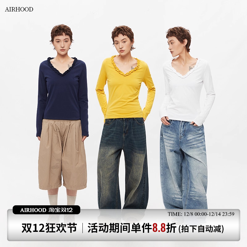 AIRHOOD 美式2025春秋新款花边V领长袖T恤女修身内搭辣妹打底上衣