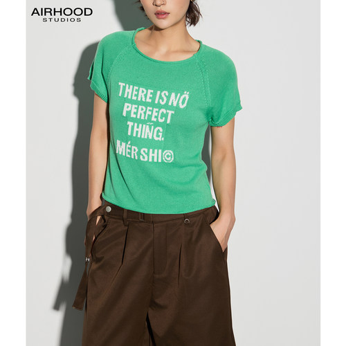 AIRHOOD 千禧辣妹YK2绿色字母提花短袖T恤女夏季修身短款针织上衣