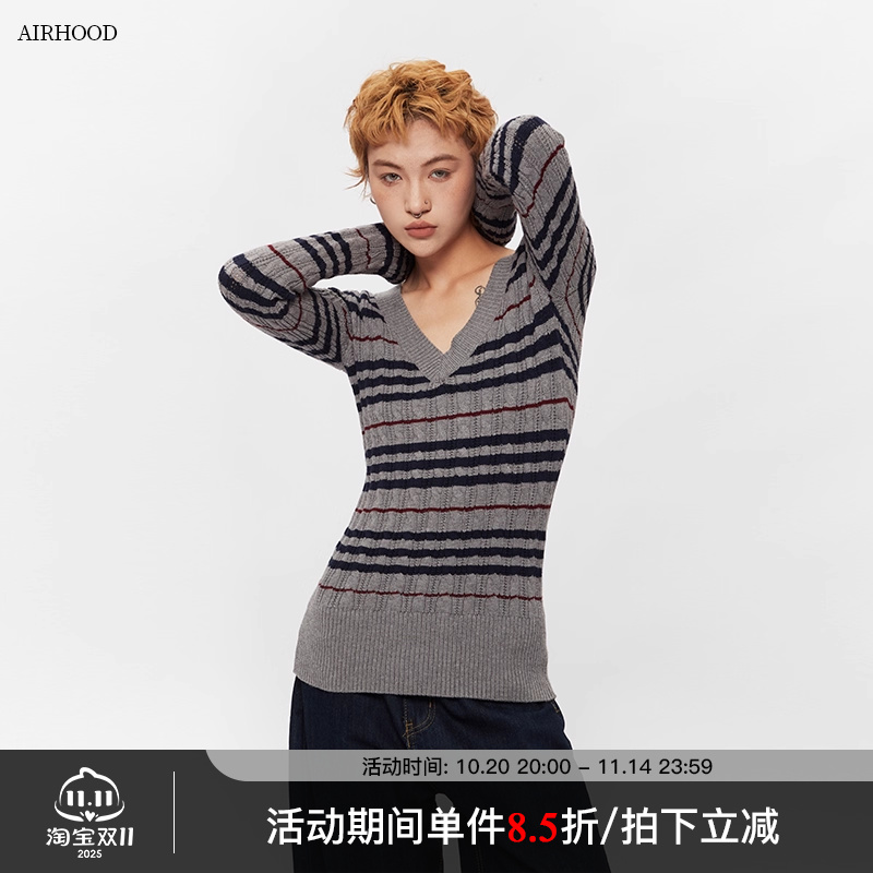 AIRHOOD 2025秋季美式复古条纹V领针织衫毛衣女修身内搭辣妹上衣