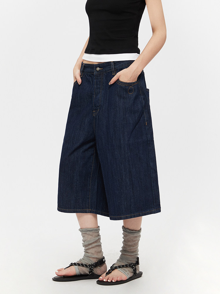 2025 Summer New Straight Wide-Leg Retro Cropped Pants American Loose Denim Shorts for Men and Women
