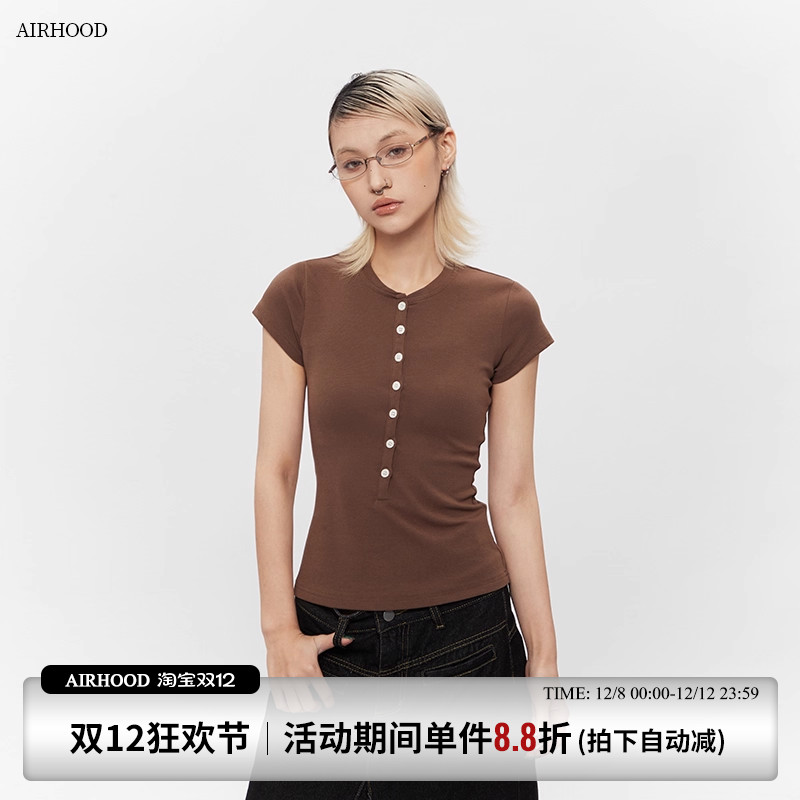 AIRHOOD 2025亨利气质短袖正肩T恤女夏季爆款半开领修身显瘦上衣