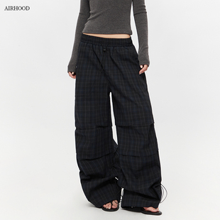 女秋季 AIRHOOD 復(fù)古高街格子闊腿褲 潮牌寬松直筒傘兵休閑褲 美式 子