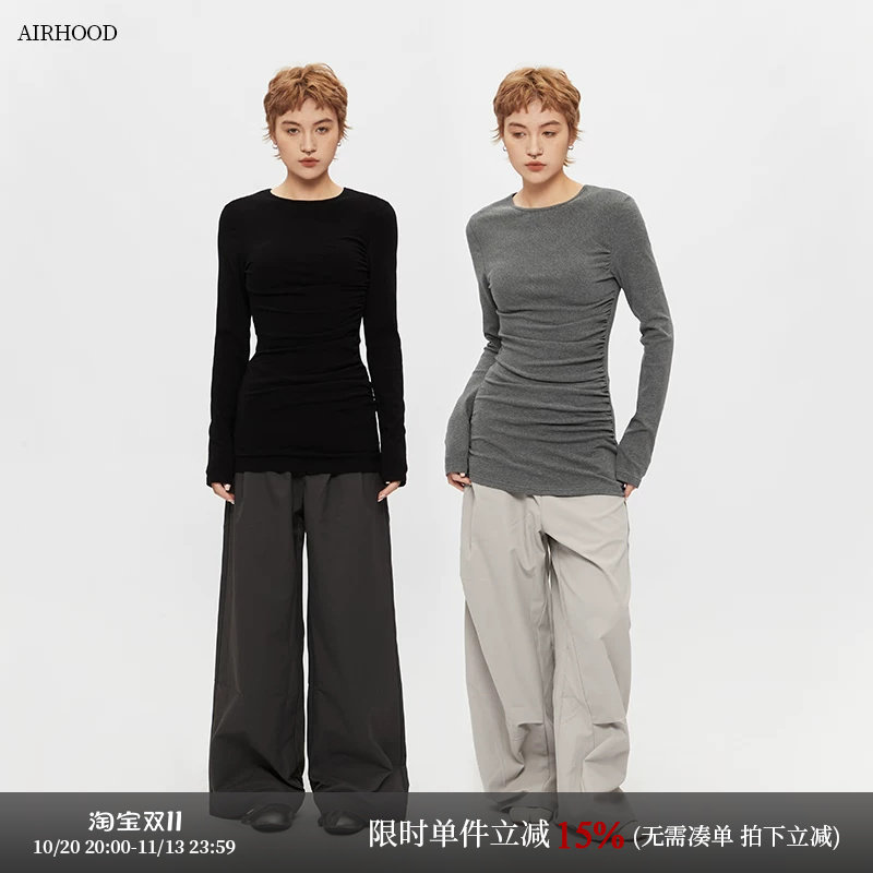 AIRHOOD秋季2025新款美式复古皱褶收腰内搭打底上衣修身长袖T恤女