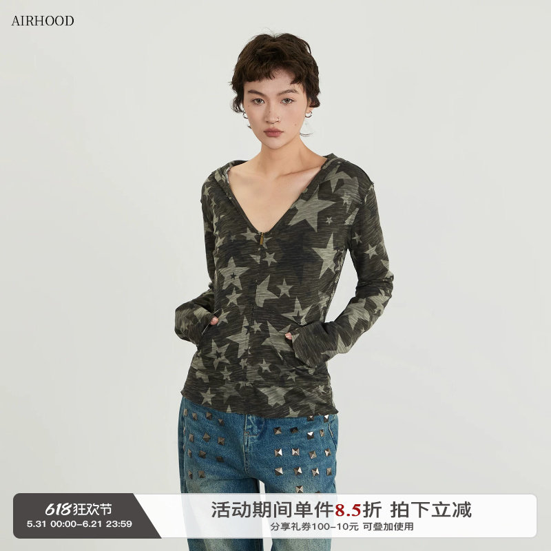 AIRHOOD 美式春夏季迷彩打底连帽长袖t恤女深V领内搭防晒罩衫上衣