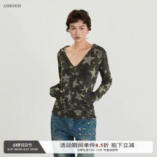 AIRHOOD 美式春夏季迷彩打底连帽长袖t恤女深V领内搭防晒罩衫上衣