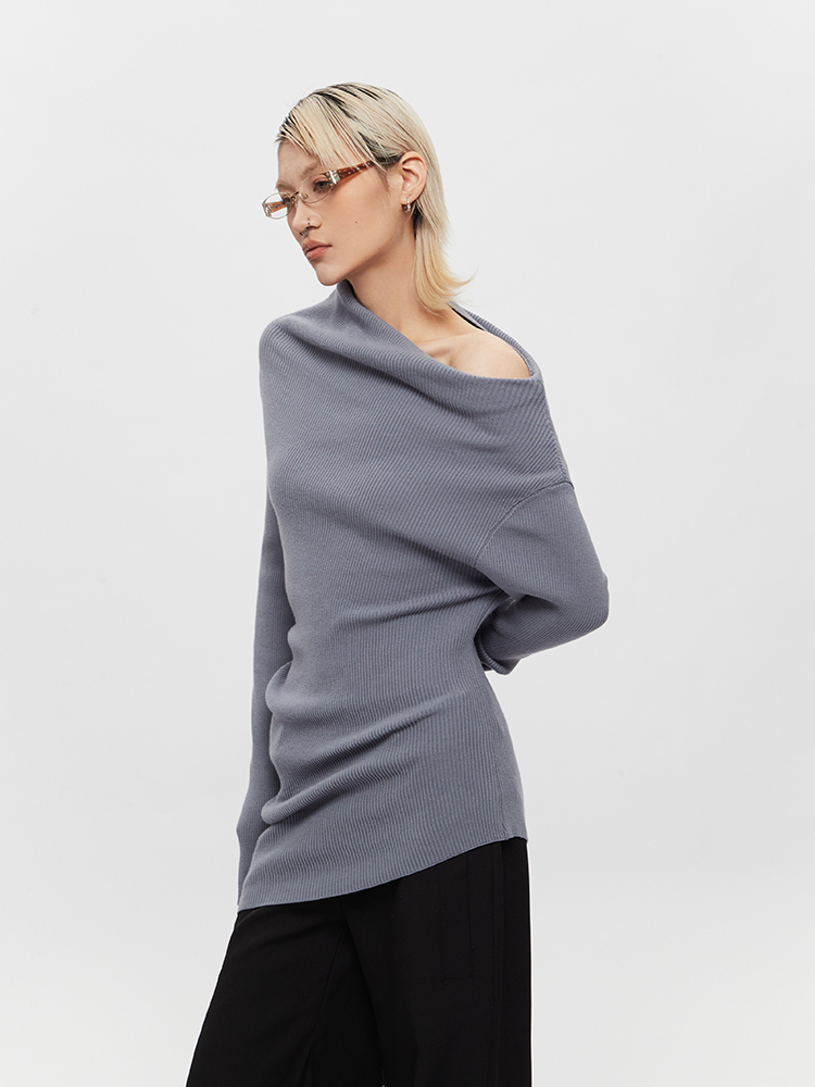 2025 One-Shoulder Slim-Fit Elegant Knit Top for Women, Long-Sleeve Asymmetrical Slanted Shoulder Sweater