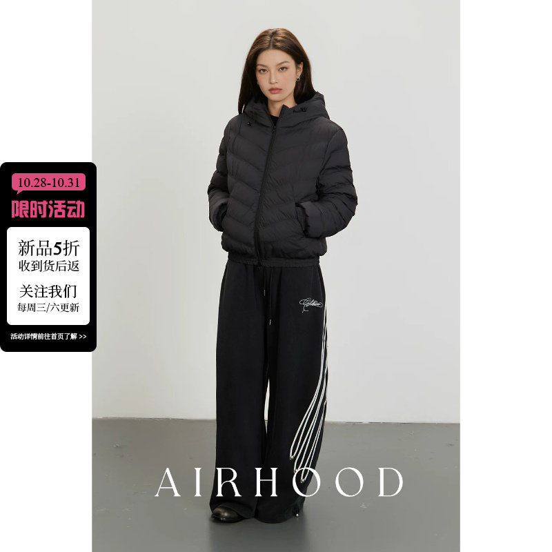 AIRHOOD 黑色连帽短款排骨羽绒服女冬季轻薄保暖面包服棉衣外套男