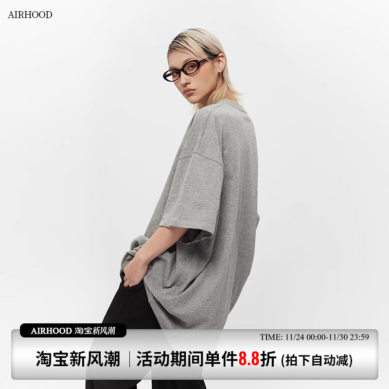AIRHOOD美式中长款纯棉oversize休闲短袖T恤女大版宽松半袖上衣夏