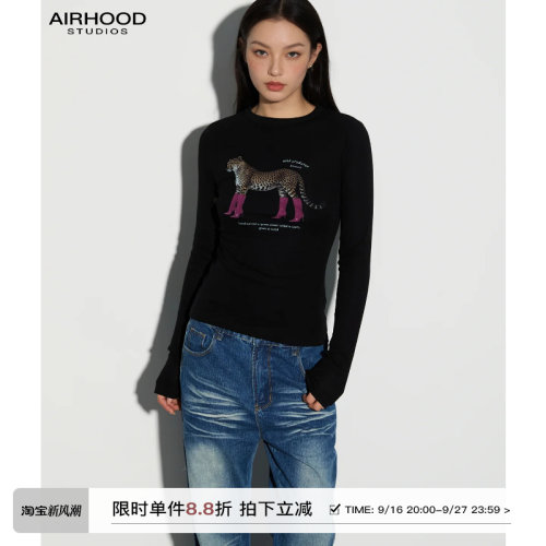 AIRHOOD 辣妹y2k风豹纹印花长袖T恤女修身显瘦小众打底内搭上衣秋