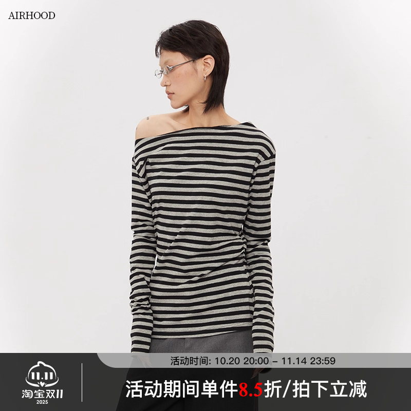AIRHOOD2025秋季条纹斜肩长袖t恤女露肩内搭打底修身显瘦辣妹上衣