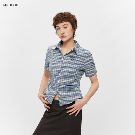 AIRHOOD 修身格子短袖衬衫女2025新款夏季正肩短款收腰百搭上衣