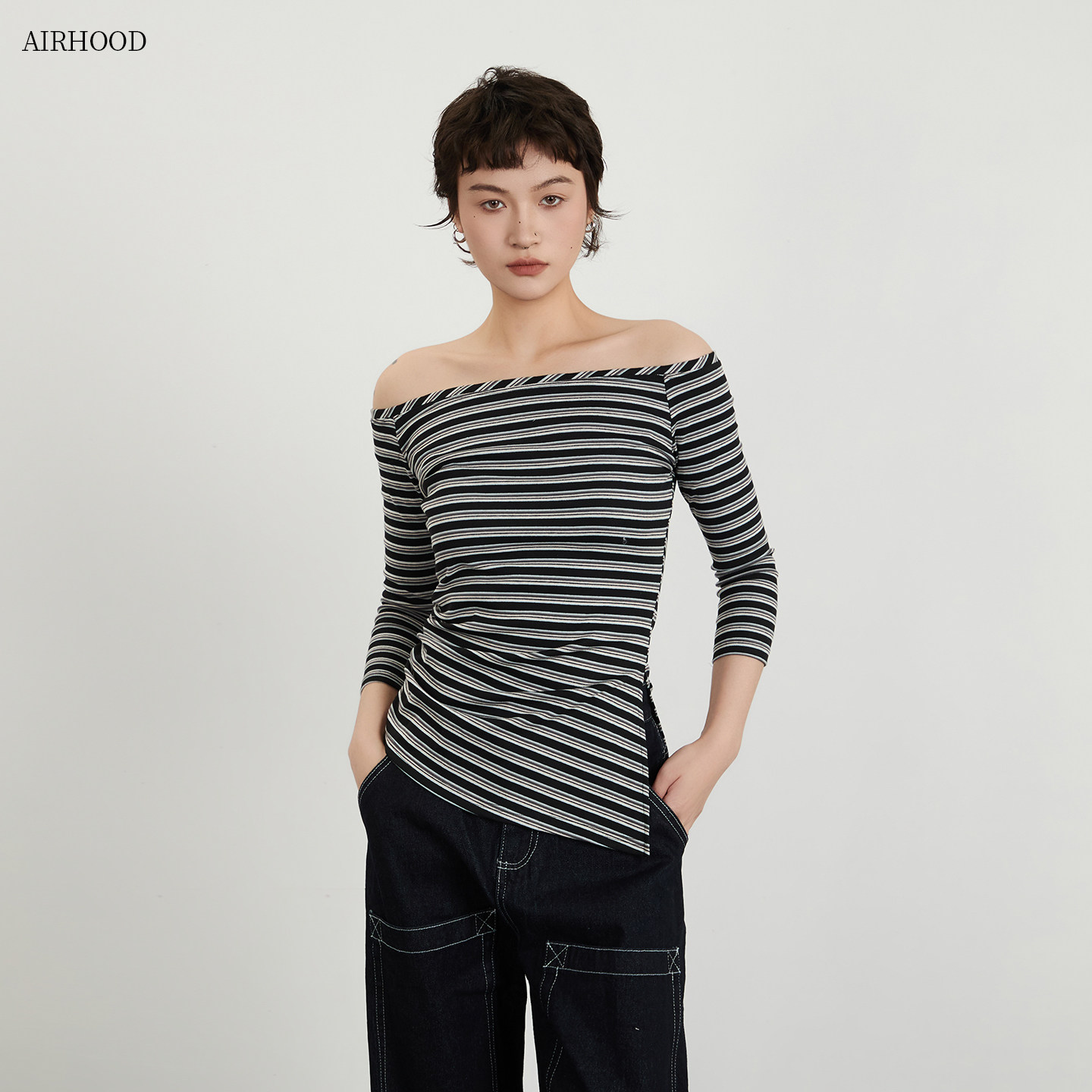 AIRHOOD 欧美辣妹七分袖一字领条纹T恤女长袖修身收腰露肩上衣春