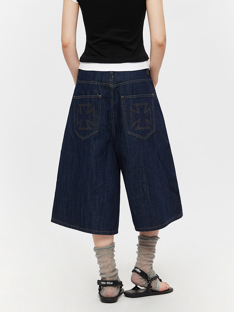 2025 Summer New Straight Wide-Leg Retro Cropped Pants American Loose Denim Shorts for Men and Women