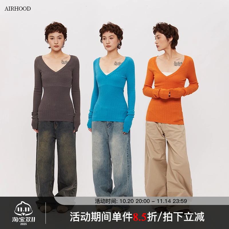 AIRHOOD纯色深V领长袖针织衫女2025秋冬修身显瘦辣妹内搭打底上衣