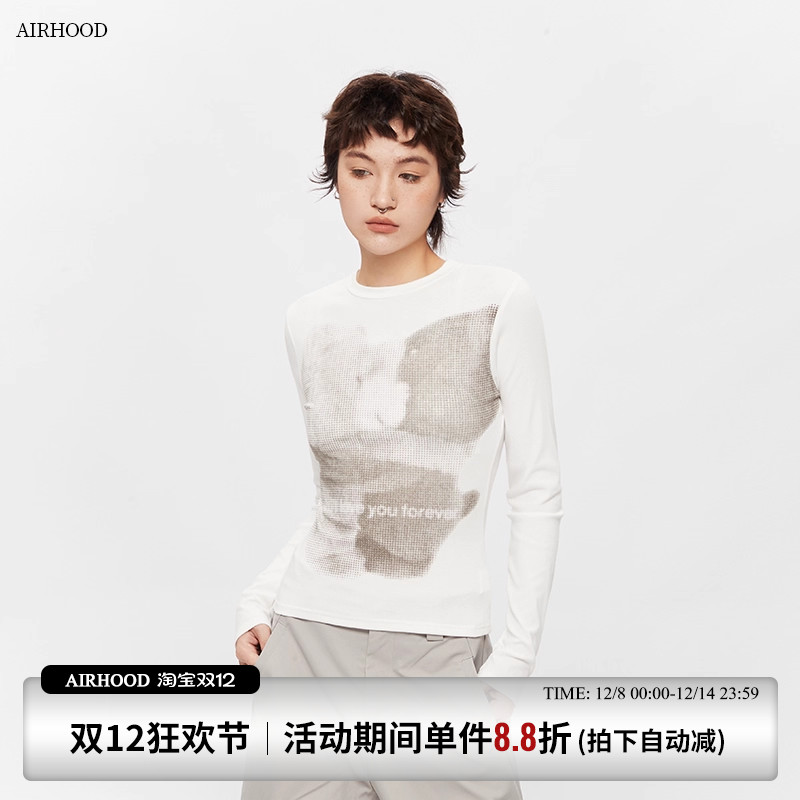 AIRHOOD 小熊美式复古正肩长袖T恤女秋季修身内搭打底衫辣妹上衣