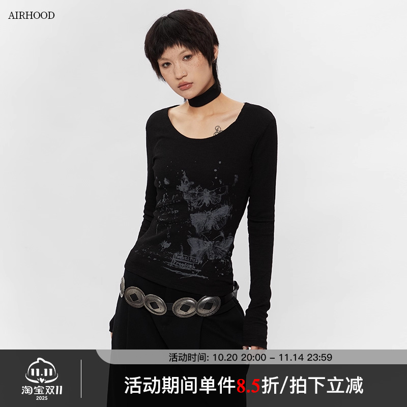 AIRHOOD 2025秋季美式新款U领甜辣妹风短款长袖T恤女修身显瘦上衣