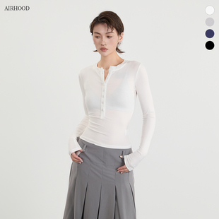 显瘦打底衫 AIRHOOD T恤女修身 亨利领长袖 内搭简约正肩上衣 春秋季