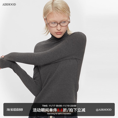 AIRHOOD半高领百搭长袖T恤女2025秋冬新款修身短款内搭打底衫上衣