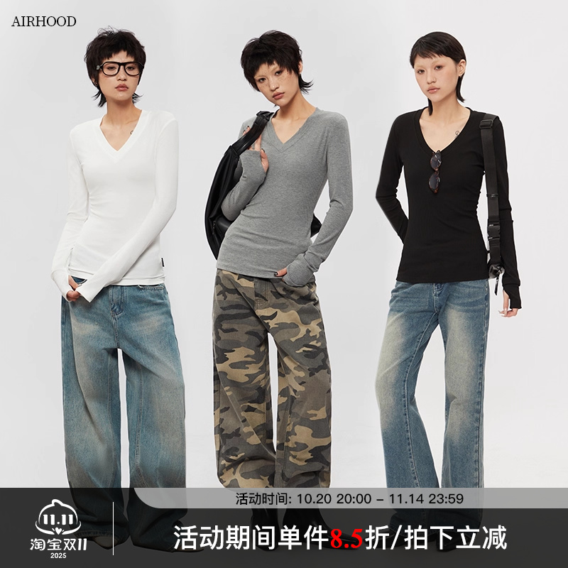 AIRHOOD 美式长袖紧身打底衫女春秋季白色V领修身t恤韩系内搭上衣
