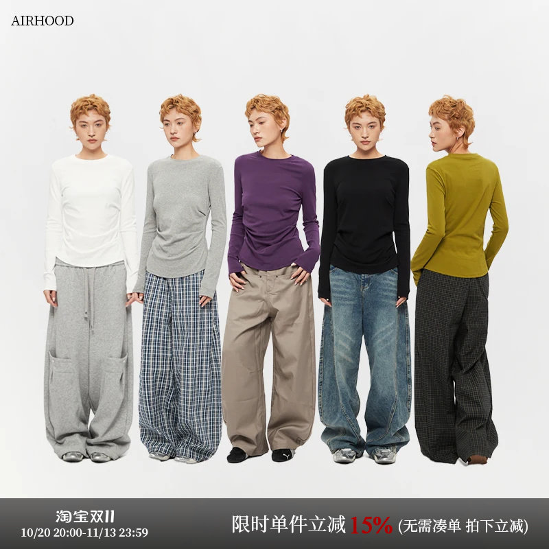 AIRHOOD 2026新款美式收腰长袖T恤女秋季修身内搭打底衫正肩上衣