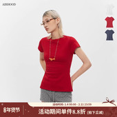 AIRHOOD 正肩t恤纯棉 显身材修身 夏季 多巴胺ins显白红色上衣女短袖