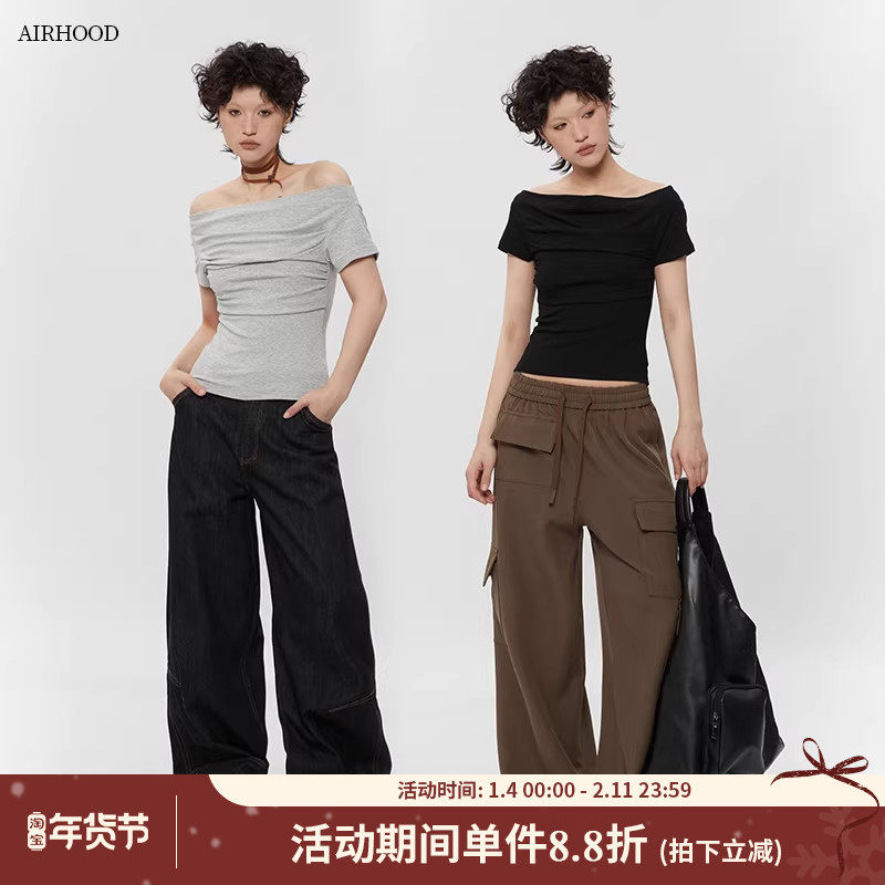 AIRHOOD韩版一字领露肩不规则领口辣妹短袖T恤短款修身气质上衣女