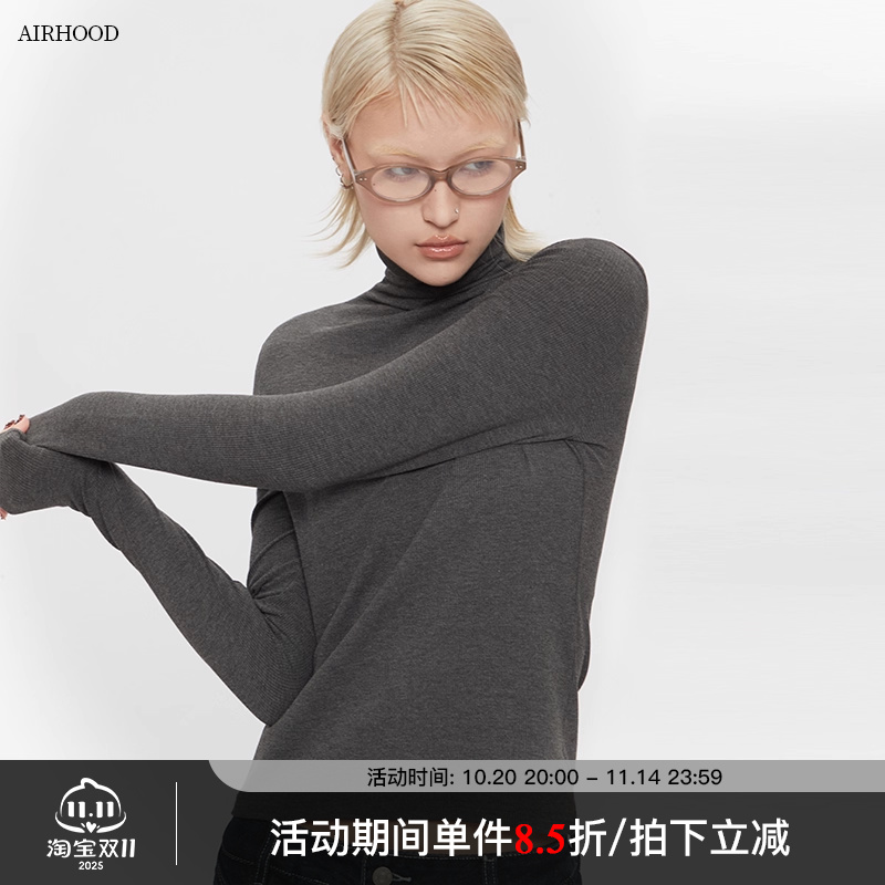 AIRHOOD半高领百搭长袖T恤女2025秋冬新款修身短款内搭打底衫上衣