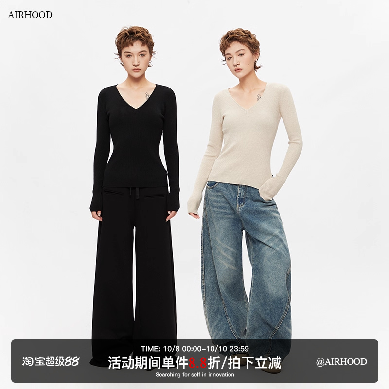 AIRHOOD 2025秋冬季新款V领修身显瘦针织衫女内搭打底衫长袖上衣