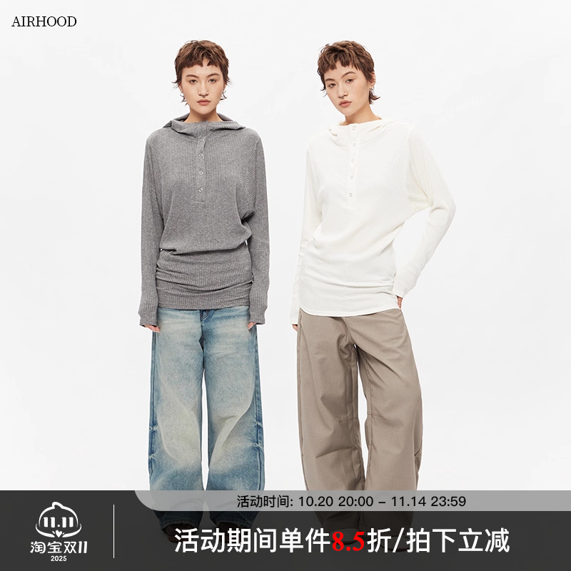 AIRHOOD 美式复古2025春秋连帽长袖T恤女ins修身显瘦内搭打底上衣