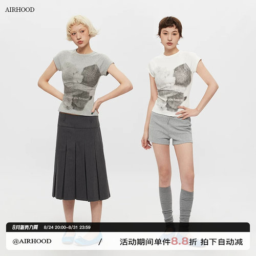 AIRHOOD美式圆领复古正肩短袖T恤女修身印花夏季短款辣妹紧身上衣