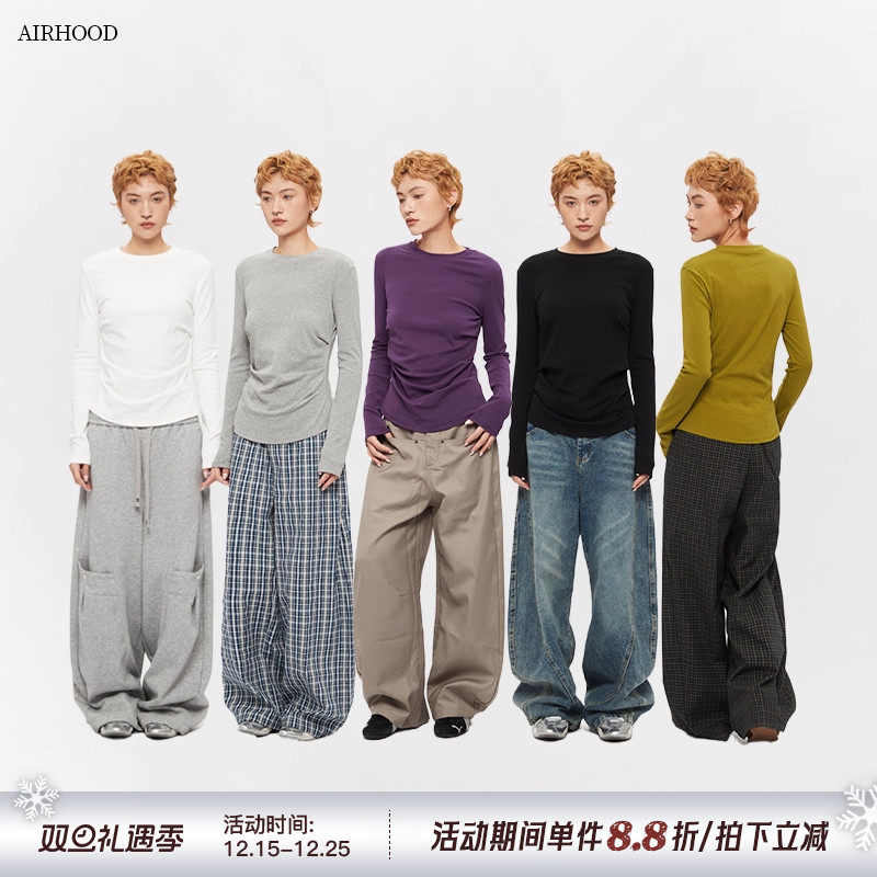 AIRHOOD 2025新款美式收腰长袖T恤女秋季修身内搭打底衫正肩上衣