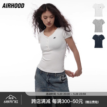 AIRHOOD 夏季修身纽扣V领大口正肩辣妹短款纯色短袖T恤上衣女ins