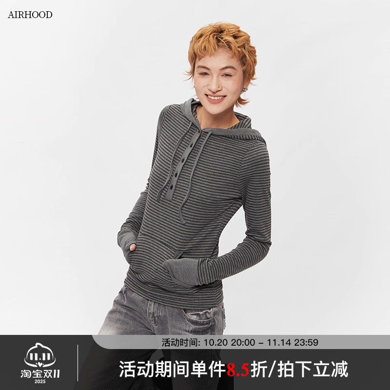 AIRHOOD美式复古2025春秋新款条纹连帽T恤女修身内搭打底长袖上衣