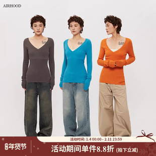 AIRHOOD纯色深V领长袖针织衫女2025秋冬修身显瘦辣妹内搭打底上衣
