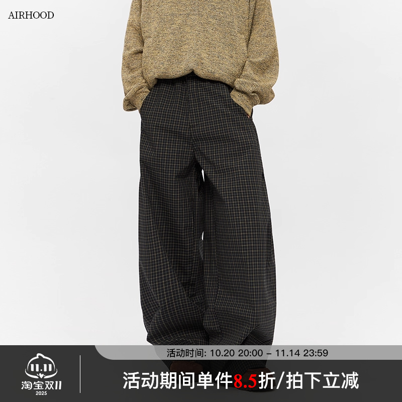 AIRHOOD 美式复古格子慵懒松弛弯刀情侣休闲裤秋冬季直筒阔腿裤子
