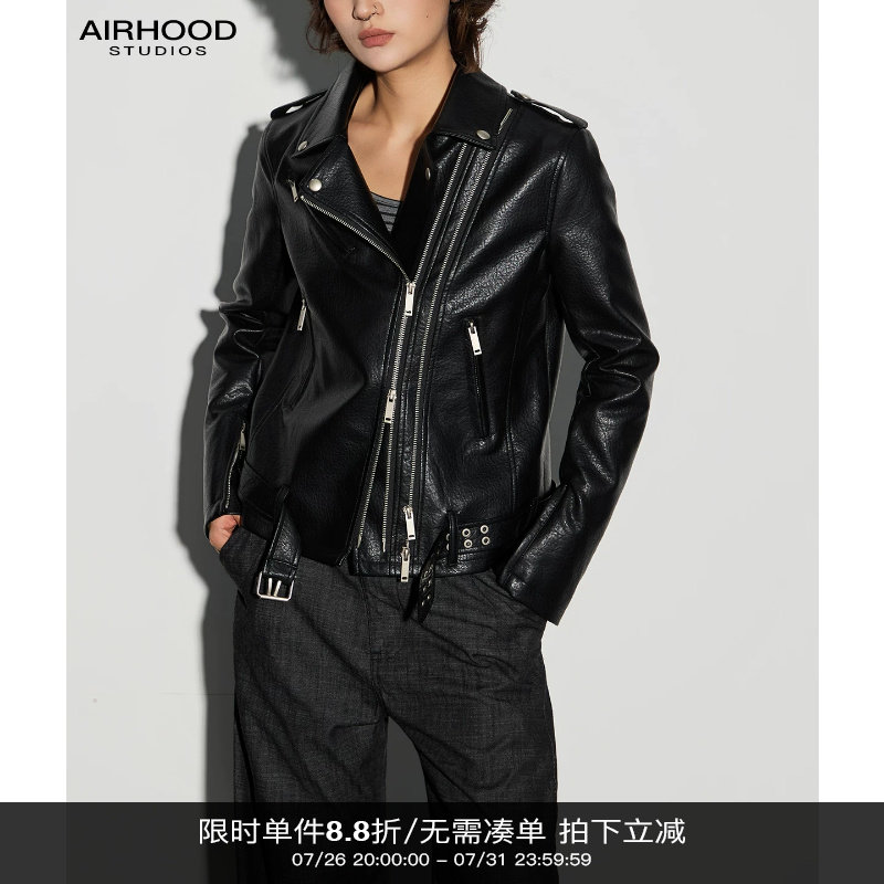 AIRHOOD 复古机车风黑色真皮皮衣女秋季短款修身拉链夹克帅气外套