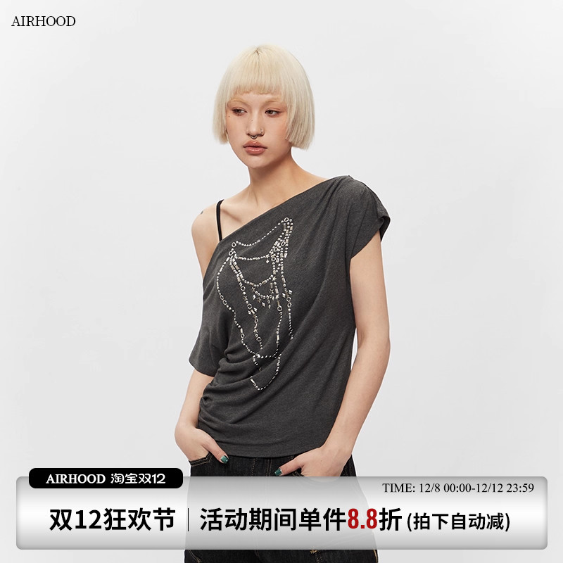 AIRHOOD 2025夏季新款一字领纯欲辣妹短袖T恤斜肩短款露肩上衣女