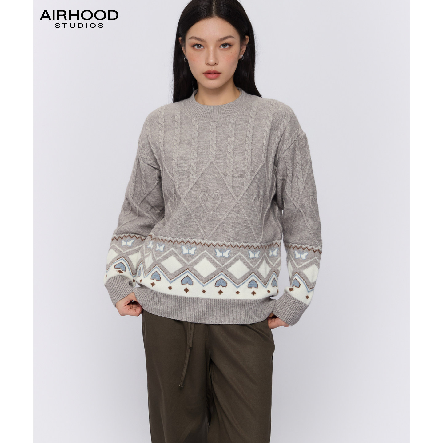 AIRHOOD 慵懒风费尔岛毛衣女圆领复古提花麻花针织衫显瘦百搭秋冬