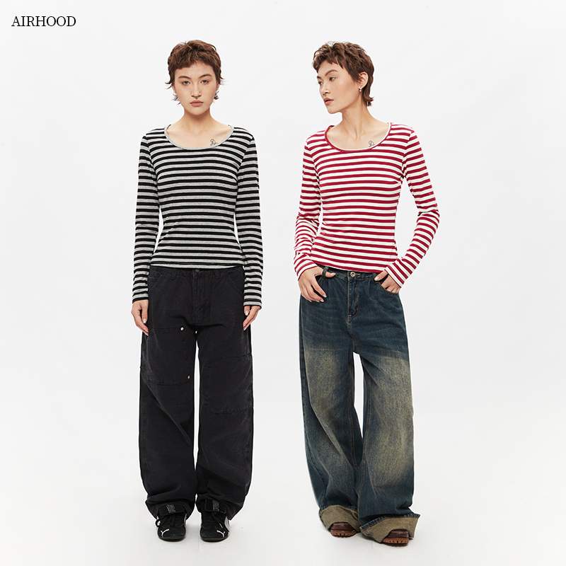 AIRHOOD美式复古条纹春秋季长袖T恤女内搭打底大领口修身显瘦上衣