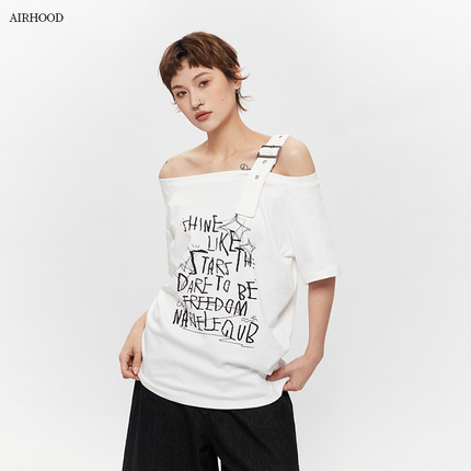 AIRHOOD夏季2025辣妹一字领短袖T恤韩版宽松斜肩不规则露肩上衣女