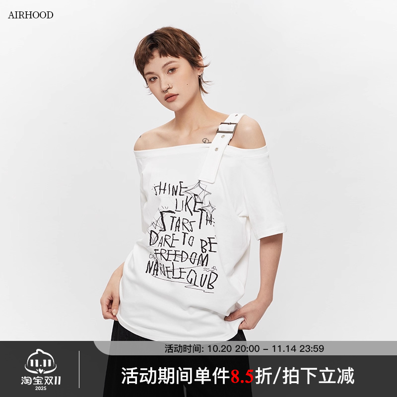 AIRHOOD夏季2025辣妹一字领短袖T恤韩版宽松斜肩不规则露肩上衣女